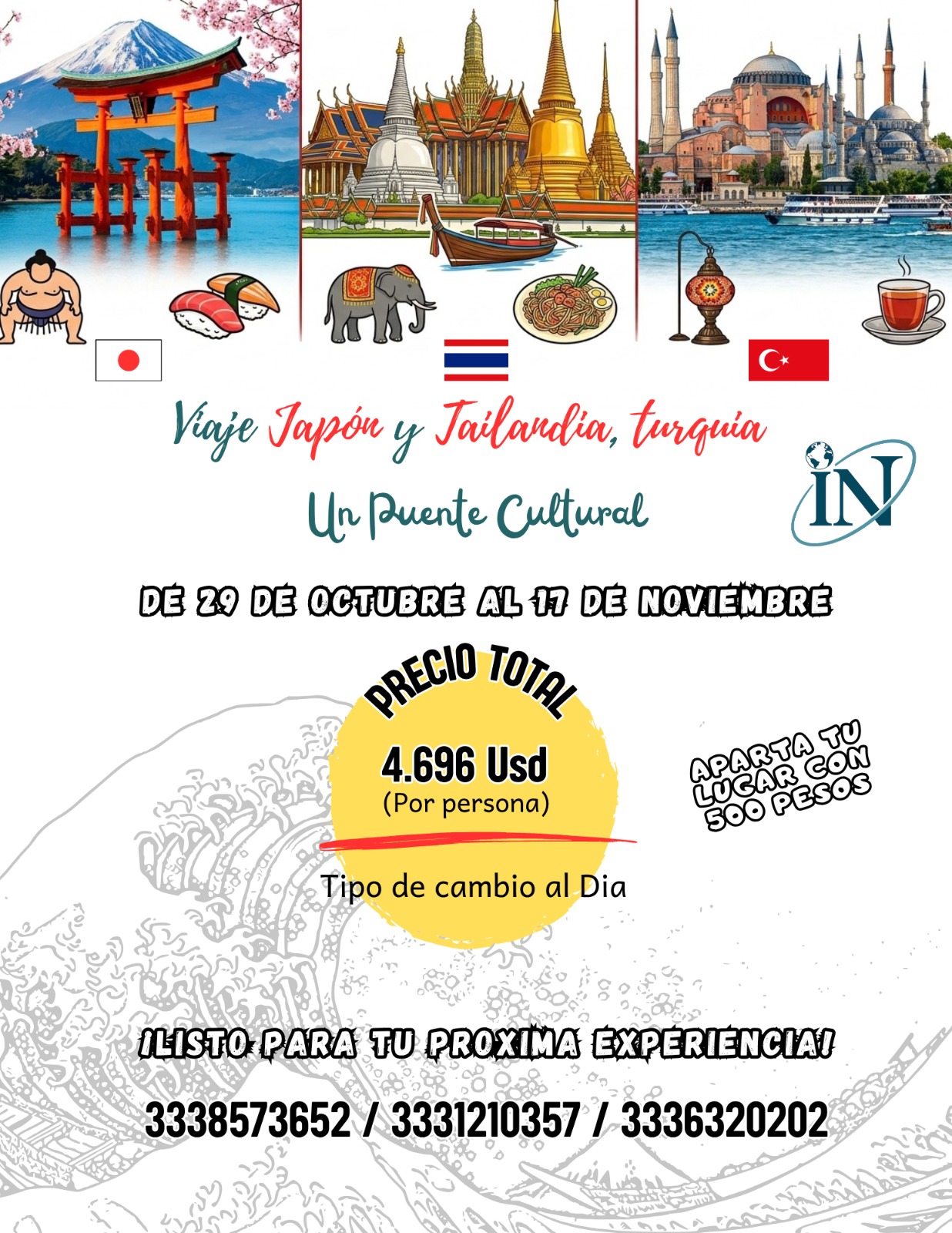 .PRUEBA-Prueba DÍA 01. ABRIL 28 MÉXICO TOKIO
Cita en el aeropuerto de la Ciudad de México para abordar vuelo con destino a Japón. Noche a bordo.

DÍA 02. ABRIL 29 TOKIO
Llegada al aeropuerto de Tokio y recepción por parte de nuestro equipo. Posteriormente, realizaremos una visita panorámica por algunos de los barrios más emblemáticos de la capital japonesa, una ciudad donde tradición y modernidad conviven en perfecta armonía.
Comenzaremos en el histórico barrio de Asakusa, uno de los rincones más tradicionales de Tokio, donde el pasado aún permanece vivo entre templos, faroles y antiguas callejuelas comerciales. Visitaremos la famosa puerta Kaminarimon, símbolo de entrada al templo más antiguo de la ciudad. Continuaremos por la tradicional calle Nakamise, llena de pequeños comercios y ambiente típico japonés, hasta llegar al majestuoso templo Senso-ji y el Santuario de Asakusa, lugares profundamente ligados a la historia y espiritualidad de Tokio.
Posteriormente, nos dirigiremos hacia Shibuya, uno de los distritos más dinámicos y modernos de Japón, aquí podremos observar el famoso cruce peatonal de Shibuya, considerado el más transitado del mundo, donde miles de personas atraviesan simultáneamente en una perfecta coreografía urbana que refleja el ritmo vibrante de la ciudad, posteriormente conoceremos la emblemática estatua de Hachiko, símbolo de lealtad y uno de los puntos más representativos de Tokio. Traslado al hotel. Alojamiento.
Por la tarde sugerimos realizar la visita opcional ( no incluida – con costo adicional) TOKIO CON METRO + SKYTREE & EXPERIENCIA URBANA. Diseñada para descubrir Tokio desde dentro, utilizando su eficiente sistema de metro y conectando con el ritmo cotidiano de una de las ciudades más fascinantes del mundo. Nos desplazaremos por algunas de las zonas más representativas de la capital, combinando modernidad, vida local y escenarios urbanos únicos. Visitaremos áreas como Ginza, reconocida por su elegancia y arquitectura contemporánea, así como Shinjuku, donde el movimiento constante, las luces y el ambiente urbano reflejan la esencia más moderna de Tokio. Continuaremos hacia la zona de Tokio Skytree, uno de los símbolos más modernos e incónicos de la ciudad, desde donde podremos apreciar la inmensidad de Tokio y su impresionante paisaje urbano. Como parte de la experiencia de la noche, realizaremos una parada para disfrutar de una degustación gastronómica, permitiendo descubrir algunos de los sabores más representativos de la cocina japonesa dentro del ambiente cotidiano de la ciudad. Una experiencia ideal para vivir Tokio más allá de las visitas tradicionales, conectando con su ritmo urbano, su modernidad y su cultura. Regreso al hotel. 
DÍA 03. ABRIL 30 TOKIO
Desayuno. Día libre. Alojamiento.
Sugerimos realizar la opcional (no incluida – con costo adicional) MONTE FUJI, ASHI LAGO, OSHINO HAKKAI Y GOTEMBA PREMIUM OUTLET - NATURALEZA, TRADICIÓN Y PAISAJES ICÓNICOS . Salida hacia la región del Monte
Fuji, símbolo indiscutible de Japón. Su silueta majestuosa y serena ha inspirado durante siglos a artistas, viajeros y poetas. Nuestra primer parada será en la zona del Lago Ashi, un entorno natural rodeado de montañas donde el paisaje transmite calma y armonía, disfrutaremos de un paseo en barco por el lago, permitiendo contemplar la belleza de la región desde una perspectiva diferente, navegando entre escenarios naturales que reflejan la esencia más tranquila del Japón tradicional. Continuaremos hacia el pueblo de Oshino Hakkai, famoso por sus estanques de agua cristalina alimentada directamente por el deshielo del Monte Fuji. Entre casas tradicionales y senderos rodeados de naturaleza, los visitantes podrán experimentar una atmósfera auténtica y relajada; tendremos la oportunidad de probar directamente el agua de manantial, considerada una de las más puras y representativas de Japón. Finalizaremos en el Gotemba Premium Outlet, uno de los centros comerciales más importantes del país, tendremos tiempo libre para compras. Al finalizar regreso al hotel.
O bien por la noche sugerimos realizar la opcional (no incluida – con costo adicional) CENA HOW DE SUMO, TRADICIÓN EN ESCENA. Una experiencia cultural única que permite acercarse a una de las tradiciones más emblemáticas de Japón. Durante la velada, se disfrutará de una cena típica mientras se presencia una exhibición de sumo, comprendiendo más sobre sus rituales, disciplina y simbolismo dentro de la cultura japonesa. El ambiente permite vivir una noche diferente, donde gastronomía y tradición se combinan en una experiencia memorable. Regreso al hotel.
DÍA 04. MAYO 01 TOKIO OSAKA
Desayuno. A la hora indicada, traslado a la estación para abordar una de las experiencias más emblemáticas de Japón: el famoso Shinkansen, el tren bala japonés. A bordo, viajaremos hacia Osaka atravesando paisajes urbanos y naturales que reflejan la perfecta combinación entre modernidad y tradición característica del país. Llegada a Osaka, la segunda ciudad más grande de Japón y uno de los centros urbanos más dinámicos del país, reconocida por su energía, gastronomía y vibrante vida nocturna. A la llegada, realizaremos una visita panorámica por la ciudad. Nuestra primera parada será el majestuoso Castillo de Osaka, uno de los símbolos históricos más importantes de Japón y una de las construcciones más representativas de la arquitectura japonesa del siglo XVI. Rodeado de jardines y murallas históricas, este castillo desempeñó un papel fundamental durante la unificación del país y continúa siendo uno de los lugares más emblemáticos de Osaka. Traslado al hotel. Alojamiento.
Por la tarde sugerimos realizar la opcional (no incluida – con costo adicional) OSAKA CON METRO, LUCES, GASTRONOMÍA Y VIDA URBANA. Una experiencia diseñada para descubrir el lado más vibrante y auténtico de Osaka, utilizando su eficiente sistema de transporte local. Nos dirigiremos hacia el famoso distrito de Shinsaibashi, una de las zonas comerciales y de entretenimiento más conocidas de la ciudad, donde las luces, tiendas y ambiente urbano crean una energía única. Continuaremos hacia Dotonbori, el corazón nocturno de Osaka, reconocido por sus enormes anuncios luminosos, canales y atmósfera llena de movimiento. Disfrutaremos de un paseo en barco por el canal de Dotonbori, permitiendo contemplar la ciudad desde una perspectiva diferente, rodeados por los reflejos de neón y la vibrante vida nocturna de Osaka. Finalizaremos con una degustación de Takoyaki, uno de los snacks callejeros más tradicionales y populares de Japón, símbolo gastronómico de la ciudad. Al finalizar, regreso al hotel.
DÍA 05. MAYO 02 OSAKA
Desayuno. Día libre. Alojamiento.
Sugerimos la opcional (no incluida – con costo adicional) KIOTO, EL ALMA TRADICIONAL DE JAPÓN Y EXPERIENCIA DE KIMONO. Nos dedicaremos a explorar la elegancia, espiritualidad y belleza de la antigua capital imperial japonesa, donde cada rincón conserva la esencia del Japón ancestral. Nuestra primera parada será el majestuoso Kinkaku-ji, conocido mundialmente como Pabellón dorado, considerado patrimonio de la humanidad por la UNESCO, este templo se destaca por sus dos niveles superiores, que son completamente recubiertos de oro, reflejándose delicadamente sobre el famoso “Lago del espejo”, creando una de las imágenes más icónicas y elegantes de Japón. Continuaremos hacia la zona de Arashiyama, donde recorreremos el famoso bosque de bambú, uno de los paisajes naturales más representativos de Kioto, el el sonido del viento atravesando los altos bambués y la atmósfera serena del lugar convierten esta experiencia en uno de los momentos más especiales del recorrido. Posteriormente, visitaremos el Santuario Fushimi Inari Taisha, reconocido por sus miles de torii rojos y naranjas, que forman senderos infinitos a través de la montaña. Mientras avanzamos entre los pasajes tradicionales, la luz natural se filtra creando un ambiente casi místico y profundamente espiritual. Finalizaremos la jornada en el histórico templo de Kiyomizu-dera, cuyo nombre significa “Templo del agua pura” Fundado originalmente en el año 780; este complejo se alza sobre la ciudad ofreciendo vistas panorámicas incomparables y una conexión única con la historia y tradición japonesa. Como parte de la experiencia en Kioto, disfrutaremos de una experiencia de Kimono tradicional, permitiendo recorrer algunas de las zonas más emblemáticas de la ciudad envueltos en la elegancia y estética del Japón ancestral. Entre callejuelas históricas, templos y antiguas casas de madera, esta experiencia ofrece uno de los momentos más memorables y fotográficos del recorrido. Regreso al hotel.
DÍA 06. MAYO 03 OSAKA
Desayuno. Día libre. Alojamiento.
Sugerimos realizar la opcional (no incluida – con costo adicional) NARA, KOBE, MINO, KATSUO-JI, TRADICIÓN Y NATURALEZA EN ARMONÍA. Salida hacia Nara, antigua capital de Japón, donde historia y espiritualidad continúan presentes en cada rincón. Nuestra primera visita será al majestuoso templo Todai-ji, uno de los complejos budistas más importantes del país, hogar del imponente Gran Buda de bronce, símbolo de serenidad y equilibrio; continuaremos hacia el famoso Parque de Nara, un entorno natural donde los emblemáticos venados sagrados caminan libremente entre los visitantes. Considerados mensajeros divinos dentro de la tradición japonesa, se han convertido en uno de los símbolo más representativos de la ciudad. Posteriormente saldremos hacia Kobe, una elegante ciudad portuaria reconocida por su ambiente cosmopolita y su destacada tradición gastronómica, como parte de la experiencia disfrutaremos de un almuerzo en Kobe (incluido) permitiendo conocer otro lado de la cultura japonesa a través de su comida. Continuaremos hacia la región de Mino, donde la naturaleza toma protagonismo. Visitaremos la cascada de Mino, un rincón rodeado de vegetación y senderos naturales que ofrecen una atmósfera de tranquilidad y contemplación. Terminaremos nuestra experiencia en el Templo de Katsuo.ji, conocido por su innumerables figuras Daruma, símbolos japoneses de perseverancia, determinación y buena fortuna. Rodeado de montañas y naturaleza, este templo transmite una energía única y diferente al resto de los lugares visitados durante el recorrido. Regreso a Osaka.
DÍA 07. MAYO 04 OSAKA TOKIO
Desayuno. Reunión en el lobby del hotel y salida hacia la estación de trenes acompañados de guía de habla hispana para abordar el famoso Shinkansen, el tren bala japonés, una de las experiencias ferroviarias más emblemáticas y avanzadas del mundo.
Durante el recorrido hacia Tokio, disfrutaremos de paisajes urbanos y naturales que reflejan la perfecta combinación entre modernidad y tradición característica de Japón.
Llegada a Tokio y traslado al hotel. Día libre para comenzar a disfrutar de la capital japonesa a su propio ritmo.Alojamiento. Sugerimos realizar la opcional (no incluida – con costo adicional) KAMAKURA Y YOKOHAMA, CEREMONIA DEL TÉ, TRADICIÓN Y VIDA COSTERA. Salida hacia Kamakura, antigua capital samurái, donde el legado del Japón feudal se percibe en cada rincón, Nuestra primera visita será al Gran Buda de Kamakura, una de las figuras más representativas del país. Continuaremos hacia el Santuario Tsurugaoka Hachimangu, el más importante de la ciudad, donde tradición e historia se unen en un entorno lleno de simbolismo. Posteriormente tendremos tiempo para recorrer la calle Komachi, donde se mezclan la tradición, la gastronomía y la vida cotidiana. Continuaremos hacia Yokohama, una ciudad moderna y cosmopolita abierta al mar, disfrutaremos del moderno Tokohama Air Cabin, un teleférico urbano que ofrece vistas panorámicas de la zona costera de Minato Mirai, permitiendo contemplar la ciudad desde una perspectiva diferente y moderna. Continuaremos con una tradicional ceremonia de té japonesa, una experiencia cultural que permite acercarse a uno de los rituales más representativos del país, donde cada movimiento, gesto y detalle reflejan armonía, respeto y contemplación. Posteriormente, visita al famoso Chinatown de Yokohama, el barrio chino más grande de Japón, lleno de aromas y ambiente vibrante. Incluye visita al Museo del Ramen, donde se presenta la historia de este icónico plato japonés con posibilidad de degustación. Finalizaremos con tiempo libre en la zona costera, disfrutando del ambiente relajado frente al mar antes del regreso a Tokio.
DÍA 08. MAYO 05 TOKIO BANGKOK
A la hora prevista, traslado al aeropuerto de Narita para abordar el vuelo con destino a Bangkok, la vibrante capital de Tailandia. Llegada al aeropuerto de Bangkok y recepción por parte de nuestro equipo. Traslado al hotel. Alojamiento
. Realizaremos un recorrido panorámico por la ciudad, una experiencia ideal para comenzar a descubrir la energía, el contraste y el encanto de una de las ciudades más fascinantes del Sudeste Asiático. Durante el recorrido, podremos apreciar algunos de los lugares más representativos de Bangkok, donde modernos rascacielos conviven junto a antiguos templos, mercados tradicionales y barrios históricos llenos de vida local. La ciudad sorprende constantemente con su mezcla de tradición, espiritualidad y movimiento urbano. A lo largo del trayecto, observaremos importantes avenidas, zonas comerciales, templos emblemáticos y parte del famoso barrio chino de Bangkok, conocido por su intensa actividad, mercados, gastronomía y ambiente tradicional, entre calles llenas de colores, aromas y cultura local, Bangkok ofrece una primera impresión inolvidable de Tailandia.
DÍA 09. MAYO 06 BANGKOK
Desayuno. Día libre. Alojamiento.
Sugerimos realizar la visita opcional (no incluida – con costo adicional) MEDIO DÍA TEMPLOS & GRAN PALACIO REAL. Comenzaremos nuestro recorrido visitando el famoso Wat Trimitr, uno de los templos más importantes de Bangkok, reconocido por albergar la estatua de Buda de oro macizo más grande del mundo. Con aproximadamente 5.5 toneladas de oro y una altura cercana a los 3 metros, esta impresionante figura representa uno de los tesoros religiosos y culturales más importantes de Tailandia.
Posteriormente, recorreremos parte del vibrante Chinatown de Bangkok, una de las zonas más tradicionales y dinámicas de la ciudad, famosa por su actividad comercial, mercados y gastronomía local. Continuaremos hacia el majestuoso Wat Pho, uno de los complejos de templos más antiguos y emblemáticos de Bangkok. Aquí se encuentra el famoso Buda Reclinado de 46 metros de longitud, además de numerosos chedis reales y estructuras históricas relacionadas con la antigua monarquía tailandesa. El Wat Pho es considerado uno de los centros religiosos y culturales más importantes del país y fue declarado monasterio real durante el reinado del Rey Rama I. Finalizaremos con la visita al impresionante Gran Palacio Real, uno de los complejos arquitectónicos más espectaculares de Asia y antigua residencia oficial de los reyes de Siam. Dentro del recinto podremos admirar distintos salones ceremoniales, áreas reales y el famoso Templo del Buda Esmeralda, considerado el templo budista más sagrado de Tailandia. Durante la excursión, también realizaremos una visita a un taller y joyería tradicional especializada en artesanía tailandesa y piedras semipreciosas típicas del país. Traslado al hotel.
Por la noche sugerimos realizar la visita opcional (no incluida – con costo adicional ) BANGKOK EN TUK TUK & STREET FOOD. Descubriremos Bangkok desde una perspectiva completamente diferente a bordo del tradicional Tuk Tuk tailandés, el medio de transporte más emblemático y auténtico de la ciudad.
Recorrer Bangkok de noche permite apreciar la atmósfera vibrante y luminosa que convierte a la capital tailandesa en una de las ciudades más fascinantes de Asia.
Durante el recorrido, pasaremos por algunos de los lugares más representativos de la ciudad, incluyendo las áreascercanas al Gran Palacio Real, cuya iluminación nocturna crea un escenario espectacular junto al río Chao Phraya. También observaremos desde el exterior importantes templos históricos como Wat Pho y Wat Suthat, mientras atravesamos avenidas llenas de vida local y ambiente urbano. La experiencia continúa por el famoso Barrio Chino de Bangkok, donde los mercados nocturnos, luces de neón y puestos callejeros reflejan la esencia más auténtica de la ciudad. Como parte de la experiencia, realizaremos una degustación de comida callejera tailandesa, famosa mundialmente por sus sabores intensos, especias y variedad gastronómica. Una experiencia ideal para conectar con la energía nocturna, cultura local y gastronomía tradicional de Bangkok. Regreso al hotel.
DÍA 10. MAYO 07 BANGKOK	AYUTTHAYA LOPBURI PHITSANULOKE
Desayuno. El día de hoy comemzamos con la salida desde Bangkok hacia la histórica ciudad de Ayutthaya, uno de los tesoros arqueológicos más importantes de Tailandia y antigua capital del Reino de Siam; declarada Patrimonio de la Humanidad por la UNESCO, Ayutthaya fue una de las ciudades más poderosas y prósperas del Sudeste Asiático entre los siglos XIV y XVIII, llegando a influir gran parte del territorio de la actual Tailandia y regiones vecinas de Camboya.
Durante nuestra visita recorreremos parte de su extraordinario parque arqueológico, donde antiguos templos, estupas y ruinas históricas reflejan el esplendor de una civilización que marcó profundamente la historia del país. Entre sus impresionantes construcciones visitaremos uno de los templos más representativos de la antigua capital: el majestuoso Wat Phra Sri Maha That, famoso por sus estructuras históricas y por conservar una de las imágenes más icónicas de Tailandia: la cabeza de Buda entrelazada entre las raíces de un árbol ancestral. La atmósfera del lugar, rodeada de historia y espiritualidad, convierte esta visita en una experiencia verdaderamente inolvidable.
Posteriormente, continuaremos nuestra ruta hacia Phitsanuloke, ciudad situada en el corazón del norte de Tailandia y reconocida por sus paisajes naturales, tradiciones y ambiente auténtico. Traslado al hotel. Alojamiento.
DÍA 11. MAYO 08 PHITSANULOKE SUKHOTHAI CHIANG RAI
Desayuno. Continuaremos nuestra ruta hacia el impresionante Parque Histórico de Sukhothai, declarado Patrimonio de la Humanidad por la UNESCO y considerado el primer gran reino tailandés del siglo XIII, antecedente histórico del Reino de Ayutthaya.
Sukhothai, cuyo nombre significa “El Amanecer de la Felicidad”, representa uno de los periodos más importantes en la formación cultural, artística y espiritual de Tailandia.
Durante la visita recorreremos parte de este extraordinario complejo arqueológico, rodeado de jardines, estanques y antiguas estructuras que reflejan la elegancia y serenidad de la arquitectura tailandesa clásica. Quienes lo deseen podrán realizar el recorrido en bicicleta de manera opcional, una experiencia ideal para disfrutar con mayor tranquilidad del entorno histórico y natural del parque. Visitaremos el famoso Wat Sri Chum, conocido también como el “Templo del Árbol Sagrado”, donde se encuentra el impresionante Gran Buda Blanco, una de las imágenes religiosas más veneradas por la población local, su enorme mano recubierta en pan de oro y apoyada delicadamente sobre la rodilla transmite una atmósfera de profunda espiritualidad y respeto.
Posteriormente, continuaremos nuestra ruta hacia Chiang Rai, atravesando paisajes montañosos y regiones rurales del norte de Tailandia, durante el recorrido realizaremos una parada en el pintoresco Lago Phayao, situado en el tranquilo valle del río Ing, rodeado de montañas y ambiente local, este lago ofrece uno de los paisajes más relajantes y auténticos del norte del país. Traslado al hotel. Alojamiento.
DÍA 12. MAYO 09 CHIANG RAI TRIÁNGULO DE ORO CHIANG MAI
Desayuno. La mañana comienza con la visita a uno de los lugares más sorprendentes y fotografiados de Tailandia: el famoso Wat Rong Khun, conocido mundialmente como el “Templo Blanco”. Este extraordinario templo budista contemporáneo fue diseñado por el reconocido artista tailandés Chalermchai Kositpipat, quien creó una obra arquitectónica única cargada de simbolismo espiritual y artístico, su intenso color blanco representa la pureza del budismo, mientras que los detalles espejados reflejan la sabiduría y la iluminación espiritual.
Cada rincón del templo sorprende por su diseño moderno, detalles escultóricos y atmósfera completamente diferente a cualquier otro templo tradicional de Tailandia. Alojamiento
Sugerimos realizar la opcional (no incluida – con costo adicional) TRIÁNGULO DE ORO & RÍO MEKONG. Una de las experiencias más emblemáticas del norte de Tailandia: la visita a la histórica región del Triángulo de Oro.
Nuestra primera parada será en el Museo del Hachís, donde conoceremos la historia de esta región fronteriza, famosa durante décadas por la producción y comercio ilegal de opio y hachís en el Sudeste Asiático.
Posteriormente, continuaremos hacia la famosa zona del Triángulo de Oro, el punto geográfico donde convergen las fronteras de Tailandia, Myanmar y Laos, desde un mirador panorámico, disfrutaremos de impresionantes vistas sobre la unión de los ríos Mekong y Ruak, rodeados de montañas y paisajes naturales únicos.
La experiencia continúa con un recorrido en bote por el río Mekong, navegando cerca de las fronteras naturales deMyanmar y Laos mientras descubrimos la importancia histórica y comercial de esta región.
Posteriormente, visitaremos Mae Sai, la ciudad más al norte de Tailandia y uno de los principales puntos fronterizos con Myanmar, aquí tendremos tiempo libre para recorrer su famoso mercado fronterizo, ideal para compras y para observar el ambiente local típico de esta región del país.
Terminaremos la experiencia atravesando algunos de los famosos campos de té de Chiang Rai, reconocidos mundialmente por sus paisajes verdes y producción de excelente calidad. Al finalizar, continuaremos por carretera hacia Chiang Mai en un recorrido aproximado de 3 horas. Llegada al hotel.
DÍA 13. MAYO 10 CHIANG MAI BANGKOK
Desayuno. Día libre. Sugerimos realizar la visita opcional (no incluida – con costo adicional) SANTUARIO DE ELEFANTES & PUEBLO DE LAS MUJERES JIRAFA. Salida hacia un santuario de elefantes, donde tendremos la oportunidad de conocer de cerca a uno de los animales más representativos y venerados de Tailandia.
Esta experiencia permite aprender sobre el cuidado, protección y estilo de vida de los elefantes dentro de un entornonatural y respetuoso.
Durante la visita, podremos observar su comportamiento, interactuar con ellos y conocer más sobre la importancia histórica y cultural que han tenido dentro de la sociedad tailandesa a lo largo de los siglos.
Posteriormente, continuaremos hacia el tradicional Pueblo de las Mujeres Jirafa, habitado por comunidades étnicas
originarias del norte de Tailandia y zonas fronterizas con Myanmar, la visita permite acercarse a sus costumbres, artesanías y tradiciones ancestrales, conocidas mundialmente por los característicos anillos metálicos utilizados alrededor del cuello por las mujeres de la comunidad. Una experiencia cultural auténtica que permite conocer parte de la diversidad étnica y cultural del norte tailandés.
Por la tarde, traslado a la estación de trenes de Chiang Mai para abordar el tren nocturno con destino a Bangkok. Una experiencia diferente que permite disfrutar del paisaje tailandés mientras recorremos el país hacia la capital. Alojamiento a bordo del tren.
DÍA 14. MAYO 11 BANGKOK
Llegada a la estación de trenes de Bangkok aproximadamente a las 06:50 hrs. Recepción y traslado al hotel. Tiempo libre hasta la hora del check-in para descansar o comenzar a disfrutar de la vibrante capital tailandesa.Alojamiento.
Sugerimos realizar la opcional (no incluida – con costo adicional) MERCADO FLOTANTE TRADICIONAL. Los mercados flotantes reflejan una época en la que los canales y vías fluviales eran los principales medios de transporte y comercio del país, actualmente, estos mercados conservan gran parte de esa esencia tradicional, ofreciendo una combinación única de cultura local, gastronomía y vida cotidiana tailandesa. A bordo de pequeñas embarcaciones tradicionales, podremos observar puestos flotantes llenos de frutas tropicales, productos locales, especias, comidas típicas y artesanías. La experiencia permite descubrir de cerca la vida local mientras navegamos entre canales rodeados de actividad, colores y aromas característicos de Tailandia. Un recorrido ideal para conectar con una de las tradiciones más emblemáticas del país. Regreso al hotel.
Por la tarde sugerimos realizar la opcional (no incluida – con costo adicional) “Crucero por el Río Chao Phraya & IconSiam”. Disfrutaremos de una experiencia elegante y relajante navegando por el famoso Río Chao Phraya, conocido como el “Río de los Reyes”. Comenzamos con una visita al espectacular Icon Siam, considerado uno de los centros comerciales más impresionantes y modernos del Sudeste Asiático y reconocido internacionalmente por su arquitectura, diseño y experiencias de entretenimiento.
Además de sus tiendas y espacios gastronómicos, el complejo ofrece maravillosas vistas panorámicas sobre el río Chao Phraya, así como espectáculos de luces, agua y láser que crean una atmósfera única.
Posteriormente, abordaremos el elegante barco Chao Phraya Princess para disfrutar de un crucero nocturno por el río, durante aproximadamente dos horas, navegaremos contemplando algunos de los templos y edificios más emblemáticos de Bangkok iluminados por la noche, mientras disfrutamos de música en vivo y una completa cena buffet internacional. Al finalizar, regreso al hotel.
DÍA 15. MAYO 12 BANGKOK TOKIO MÉXICO
A la hora indicada, traslado al aeropuerto para abordar el vuelo con destino a Japón. Llegada y tiempo de espera para abordar vuelo con destino a la Ciudad de México.




